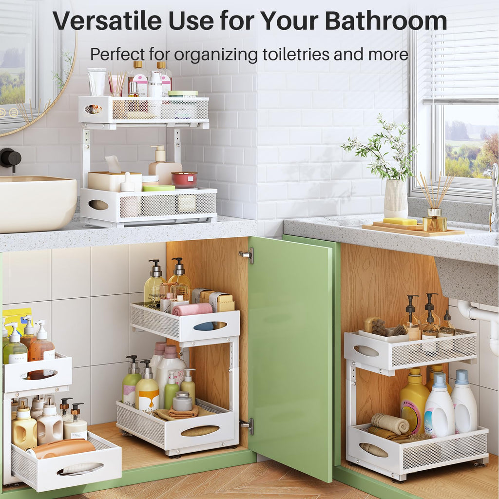 Under Sink Organizer, 2 Tier Pull out Cabinet Organizer Baskets with Mesh Sliding Drawers, Slide out Storage Shelf for Home, Kitchen, Bathroom, Pantry, Office Cabinet(1 Pack, White)