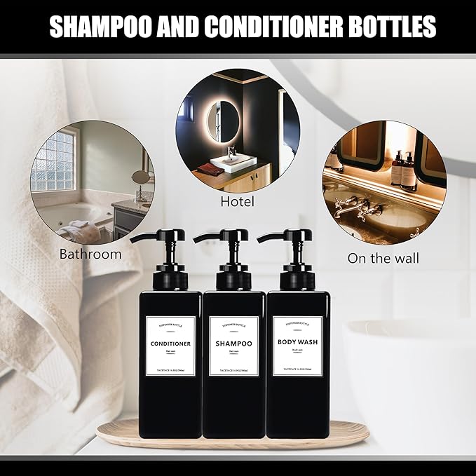 Soap Dispenser, YACEYACE 22oz Set of 3 Empty Hand Soap Dispenser for Kitchen,Black Shampoo and Conditioner Dispenser Set,Refillable Pump Soap Bottles