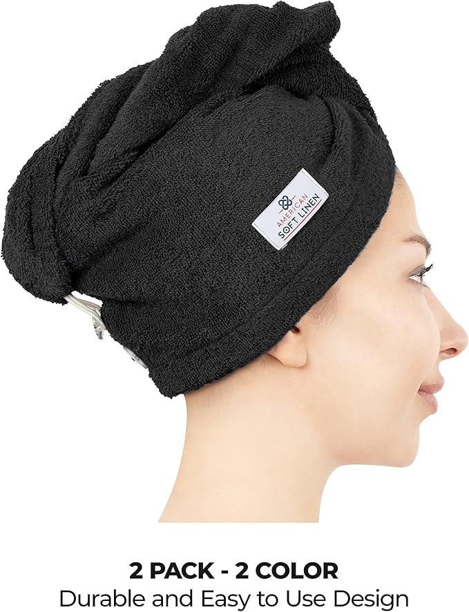 American Soft Linen 100% Cotton Hair Towels for Women, Head Towel Cap, Cotton Hair Turban Towel Wrap, Soft and Absorbent 2 Pack, Black-Light Gray