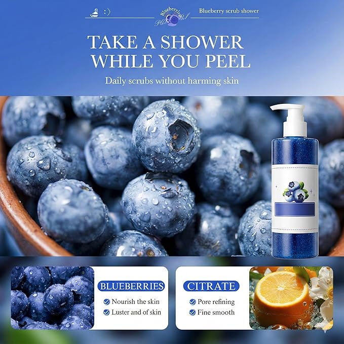 WAYFENGLI Blueberry Exfoliating Body Wash - [300ml] Antioxidant Shower Gel with Natural Seeds - Mild Body Scrub for Strawberry Legs, Dry Skin & Roughness - Sweet Berry Scent