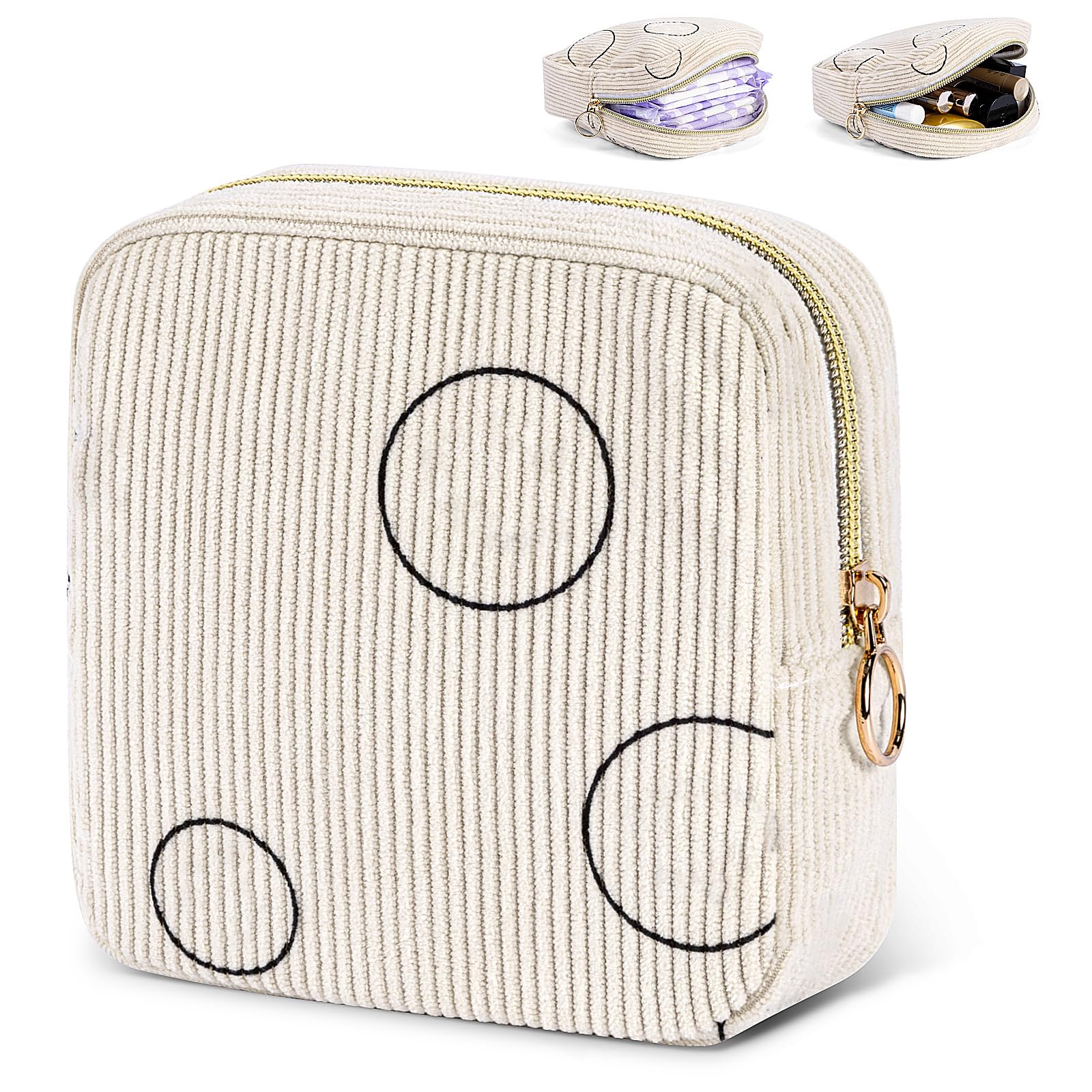 SIDESUGAR Period Bag for Teen Girls Shark Week Pouch Corduroy Portable Sanitary Pad Bags for Period Teen Period Pads Pouch for Panty Liners, Tampons, Menstrual Cup - Beige