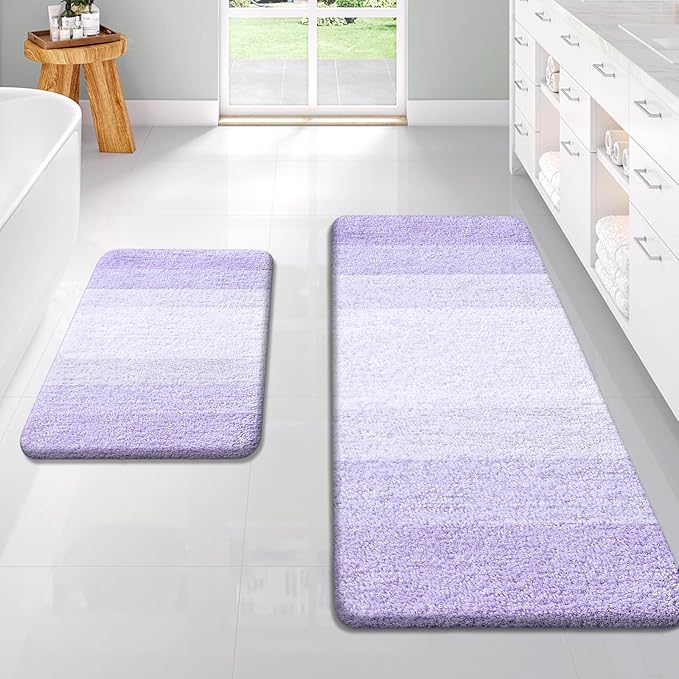 OLANLY Bathroom Rug Set 2 Piece, Soft Absorbent Microfiber Bath Rug Set, Non-Slip, Machine Wash Dry, Plush Shaggy Bath Mats for Bathroom (47"x20"+24"x16", Light Purple)