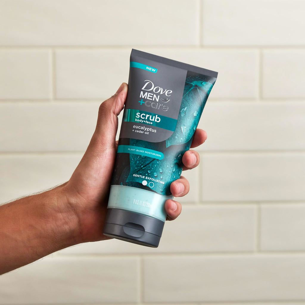 DOVE MEN + CARE Body and Face Scrub Eucalyptus Deeply Exfoliates for Hydrated & Nourished Skin 100% Gentle Cleanser, No Sulfate Cleansers or Parabens 9 oz