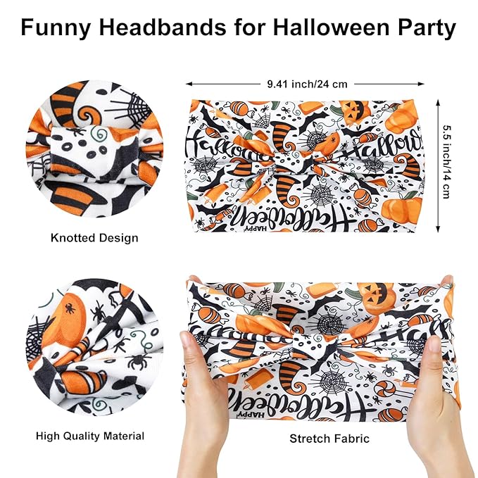 Huachi Halloween Headbands for Women Cute Knotted Head Bands Girls Hair Accessories Devil Pumpkin Skull Hairbands Fashion Fall Costume Hairwear Holiday Gifts (Pack of 4)