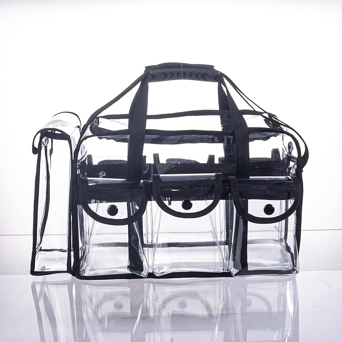 Wide Open Large Professional Clear PVC Travel Makeup Artist Set Bag Cosmetic Nails Beauty Bags Transparent Vinyl Tool Organizer Beach Bags Diaper Bag with 6 External Pockets & Strap (Black)