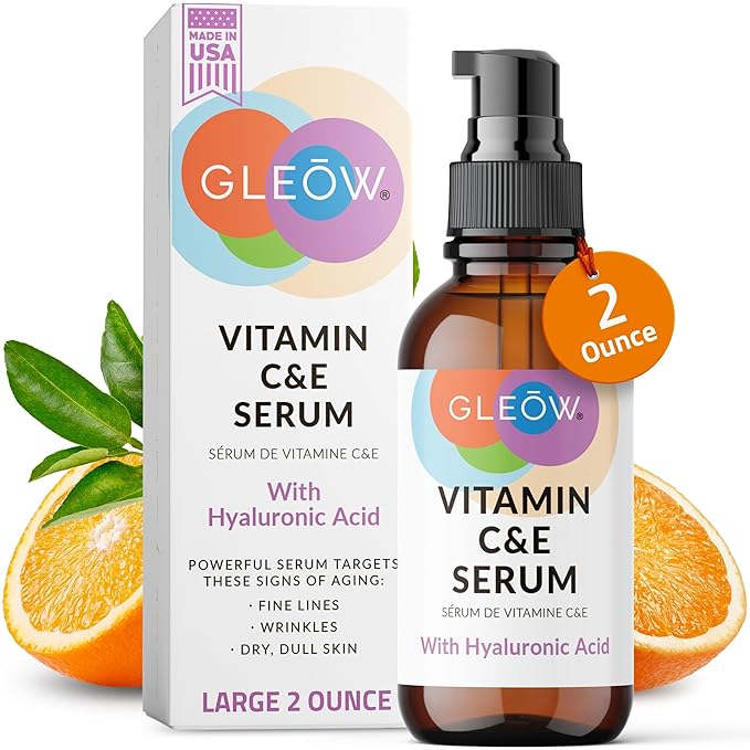 GLEOW Vitamin C Serum for Face with Hyaluronic Acid and Vitamin E, Brightening Face Serum Targets the Appearance of Fine Lines and Uneven Skin Tone, 2 oz
