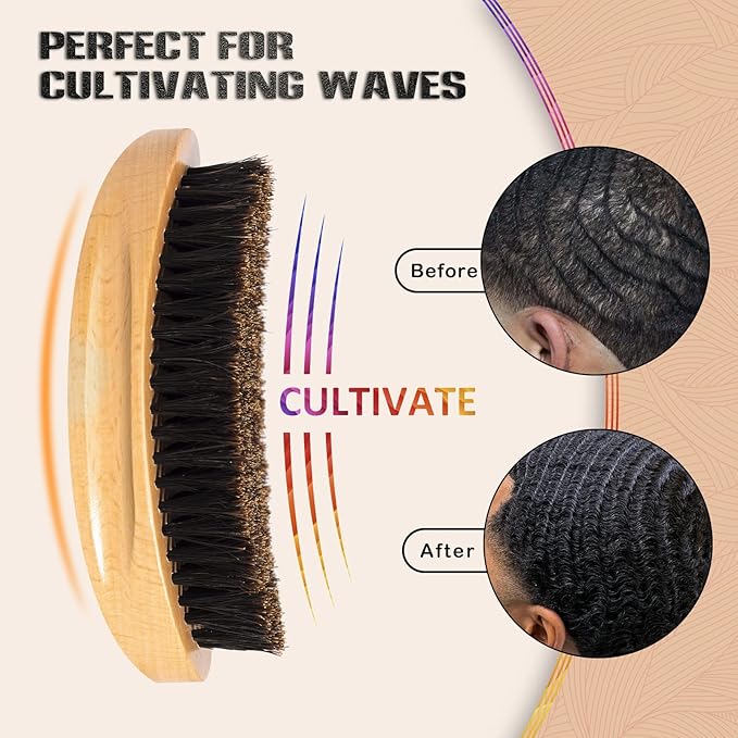 Aosina Soft 360 Wave Brush for Men, 100% Pure Boar Bristle Hair Brush for Men, Beech Wood Curved Palm Brush for Fresh Cuts, Beginners, Short Hair Waves & Beard Grooming