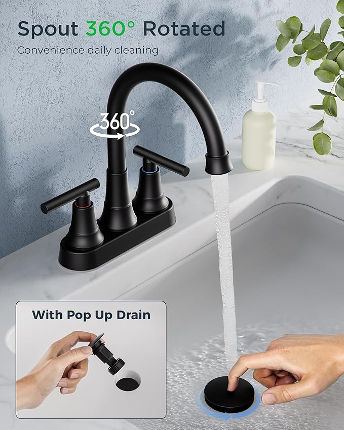 FORIOUS Matte Black Bathroom Faucets, 4 Inch Centerset Bathroom Sink Faucet 2 or 3 Hole with Pop up Drain and cUPC Hose, Two Handles Control, 360° spout for Restroom,Vanity, RV