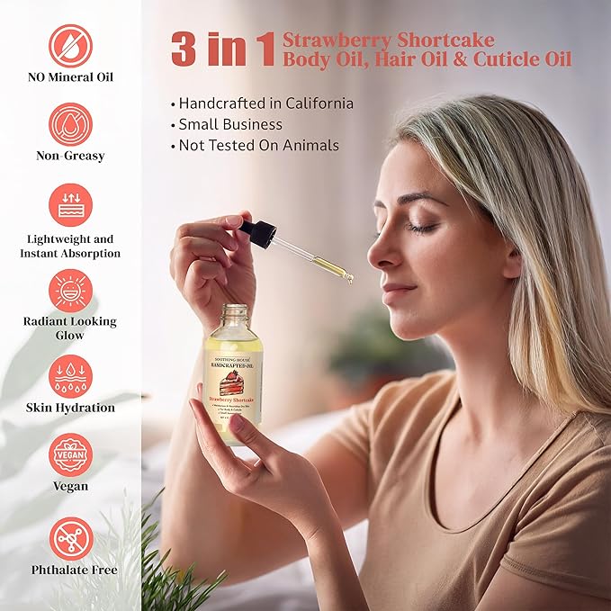 Soothing House Strawberry Shortcake Body Oil: Moisturizing Body Oil for Soft, Glowing Skin with Almond & Jojoba Oil (4 fl oz)
