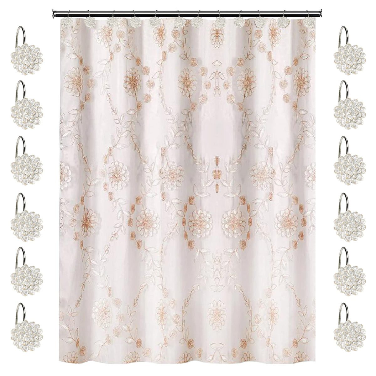 Zahari Home 13pc Rose Vine Bathroom Sheer Shower Curtain Sets Sheer Shower Curtain & 12 Shower Bathroom Hooks Modern Classic Luxury Contemporary Decor Beige Shower Curtain Set