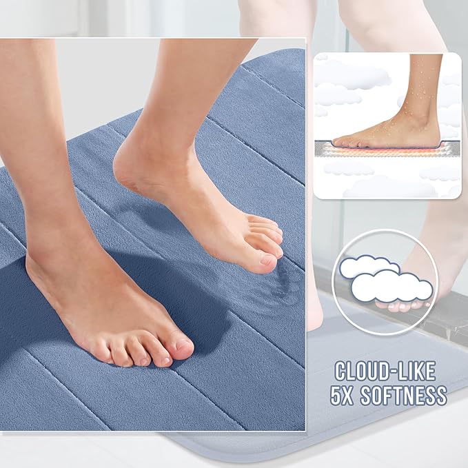 Yimobra U-Shaped Toilet Bath Mat Set 2 Piece - Soft Absorbent Quick Dry Memory Foam Bathroom Rugs, Machine Washable Non Slip Floor Carpet for Tub Shower & Single Sink (17x24 & 24x20, Denim Blue)