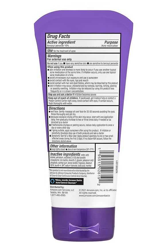 Amazon Basics Acne Treatment Face Wash - Daily Control Cleanser, Maximum Strength 10% Benzoyl Peroxide for Stubborn Breakouts, 5 Ounce (3-Pack)