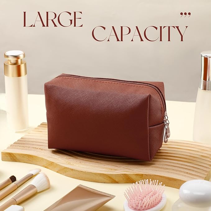 Kigeli Aesthetic Makeup Bags PU Leather Cosmetic Pouches Waterproof Plain Toiletry Bags Makeup Pouches Bulk for Women Party Gift Travel Storage Organizer(Brown,7.1 x 2.8 x 4.3 in)