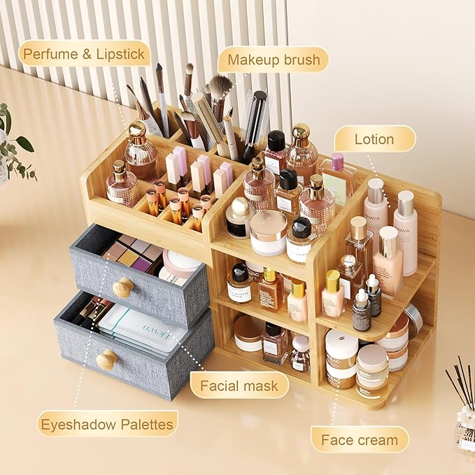 Large Makeup Organizer Countertop For Vanity Dresser, Bamboo Bathroom Counter Organizers And Storage,Cosmetic Skincare Perfume Organizer With 3 Makeup Brush Holder/2 Drawers/5 Shelves /8 Compartments