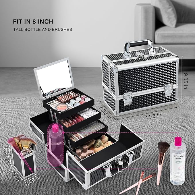 Joligrace 3-Tray Makeup Case with Mirror & Brush Holder, 11.6" Shine Black