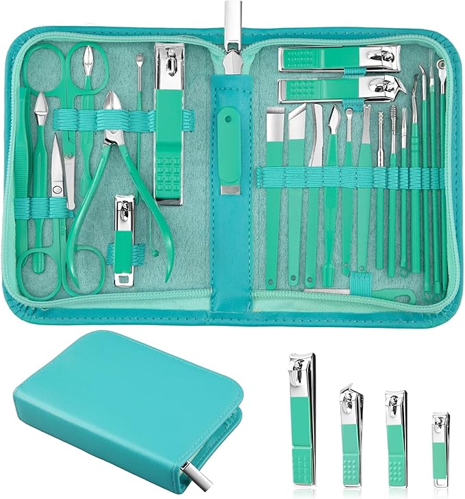 Travel Manicure Set 26-Piece, Portable Nail Clippers Kit with PU Case, Carbon Steel Clippers, 410 Stainless Steel Grooming Tools, Hand Foot Facial Care for Luggage Backpack（Green）