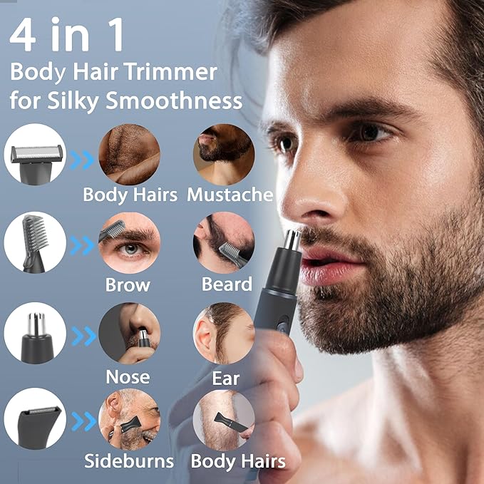 Body Hair Trimmer for Men, 4 in 1 Versatile Trimmer Shavers for Groin/Ball/Beard/Eyebrow/Nose/Ear Hair Shaver, USB-C Electric Pubic Hair Trimmer for Smooth Shaving with Storage Bag