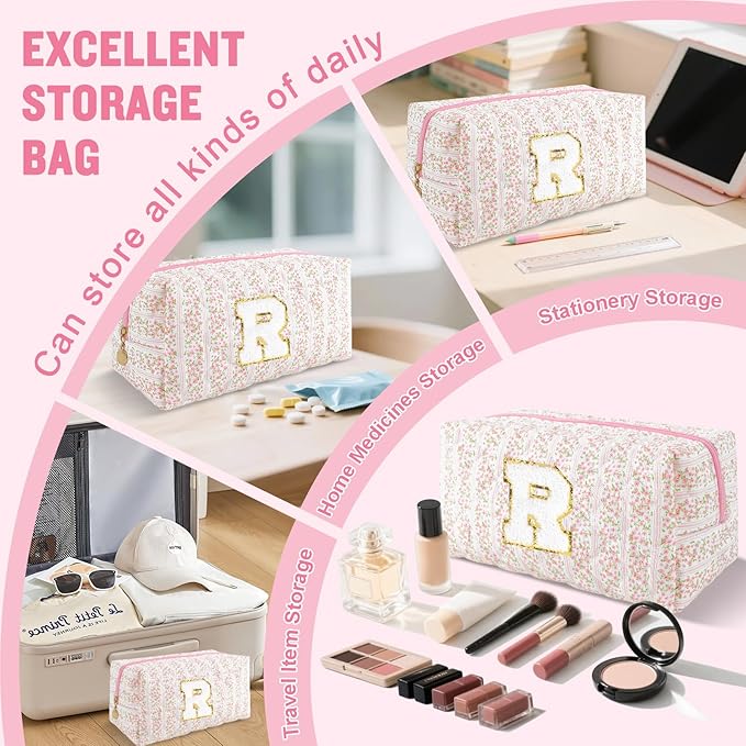 Personalized Quilted Cosmetic Bag, Puffy Monogrammed Christmas Birthday Gifts for Women & Girls, Cute initial Floral Makeup Bag Puffer Coquette Bag, Aesthetic Travel Toiletry Zipper Pouch(Pink,R)