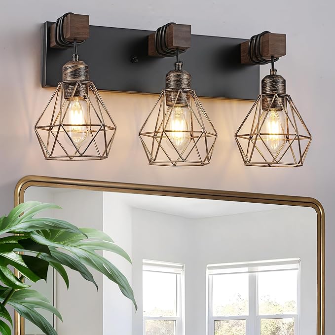 Farmhouse Bathroom Vanity Light Fixtures, 3-Light Black Gold Bathroom Light Fixtures Over Mirror, Rustic Wood Sconces Wall Lighting with Elegant Metal Lampshade for Living Room, Bedroom, Hallway