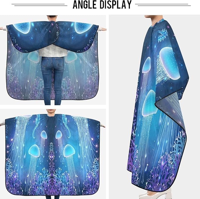 visesunny Barber Cape Magic Glowing Blue Jellyfish Polyester Hair Cutting Salon Cape Apron Anti-Static Haircut Shaving Cloth Beard Shaving Bib Hairdressing Cape