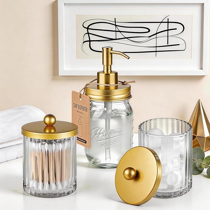 Amolliar Qtip Holder Dispenser for Bathroom, Clear Glass Canister Apothecary Jar for Cotton Swabs, Cotton Balls, Makeup Pads, Floss Picks, Container for Countertop Vanity Storage Organizer,Gold 4 Pack