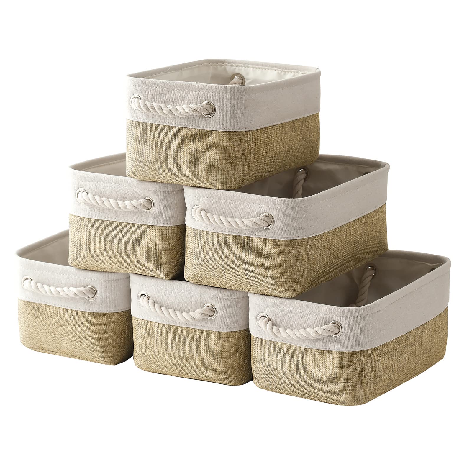 TheWarmHome Storage Basket for Shelves - 12x8x5.2 inch Small 6 Pack Collapsible Storage Bin for Closet with Handles, Fabric Storage Cubes for Cloth Organizer Gift Toy Decorative (White & Khaki)