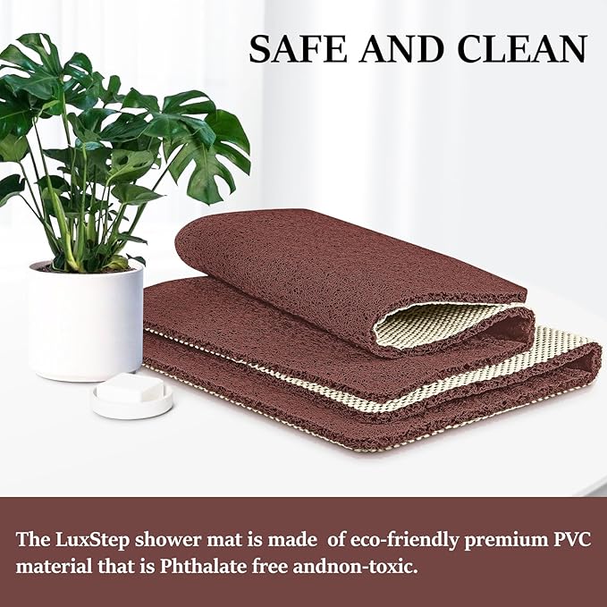 LuxStep Shower Mat Bathtub Mat,40x24 inch, Non-Slip Bath Mat with Drain, Quick Drying PVC Loofah Bathmat for Tub,Shower,Bathroom,Reddish Brown