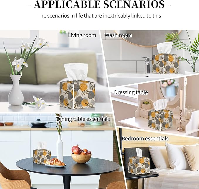 Boho Abstract Leaves Tissue Box Cover Square,Linear Boho Leaves and Geometric Tissue Box Holder Waterproof Leather Facial Paper Organizer Dispenser for Bathroom Home Car Nightstand Vanity Desk