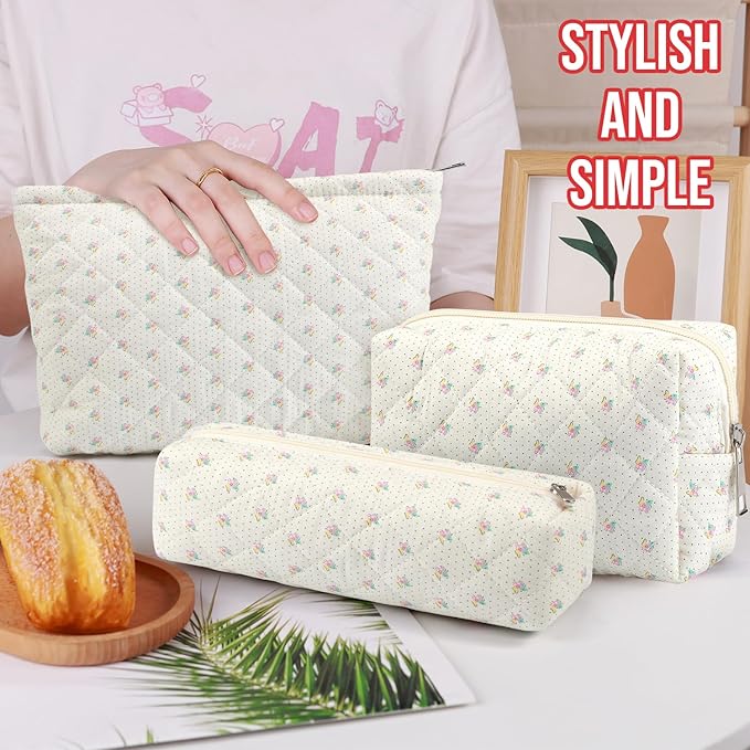 Gocvo 3 Pcs Makeup Bag Cosmetic Bag Set for Girls Women Checkered Travel Organizer Bathroom Toiletry Pouch Large Capacity Storage Bag(Small Flower Blue)