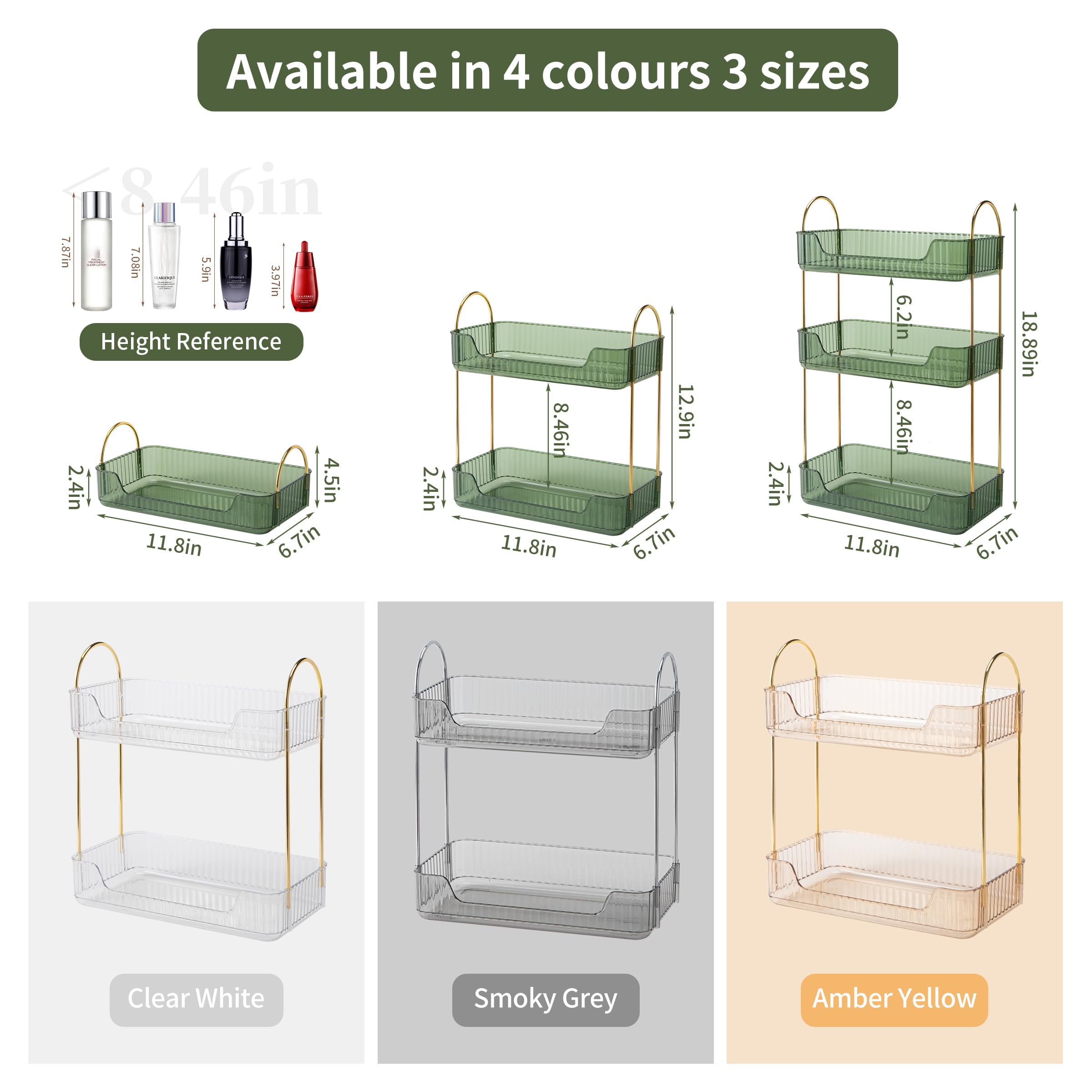 YCIA&DONE Bathroom Organizer Countertop, Makeup Storage, Skincare Cosmetic Tray Shelf, Perfume Holder Rack for Vanity Counter, Large Capacity, Easy to Install, Clean, 2 Tiers, Vintage Green