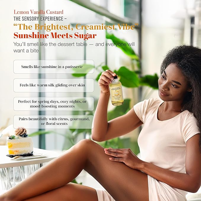 Soothing House Lemon Vanilla Custard Oil with All-Natural Moisturizing Body Oil for Soft, Glowing Skin with Almond & Jojoba Oil (4 fl oz)