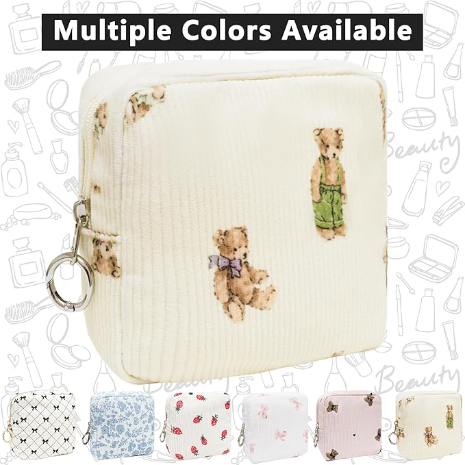 Period Bag for Girls, Corduroy Sanitary Napkin Storage Bag, Period Pouch & Tampon Holder, Feminine Care Organizer（Cute Bear）