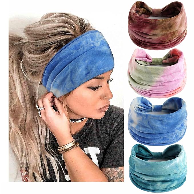 Wide Headbands For Women Non Slip Head Wraps Tie Dye Turban Headband Knotted Headband Soft Boho Headbands Workout Head Scarf Large Bandanas African Hairbands Cotton Hair Accessories For Women