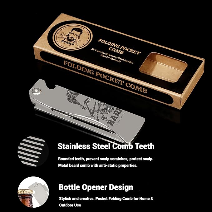 Metal Beard Comb for Men, Folding, 201 Steel, Laser-Etched Handle, 0.17lb