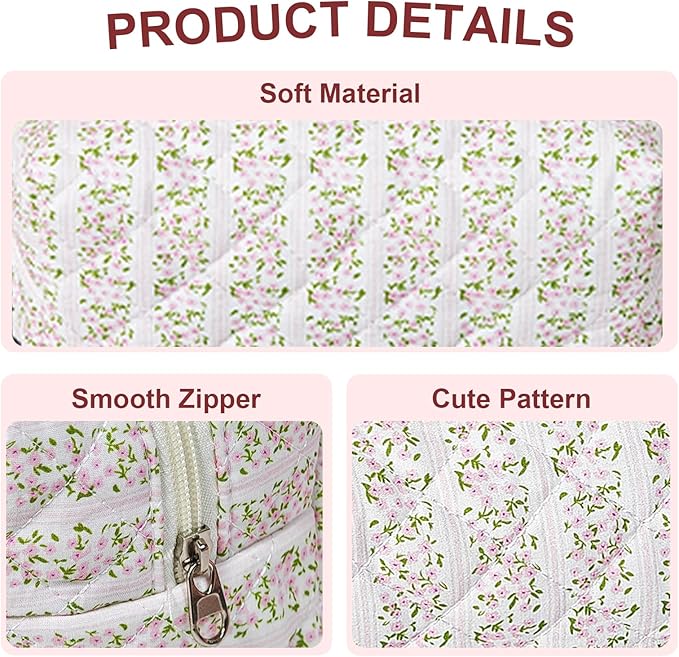 GISMTR Quilted Makeup Bag Floral Cotton Make up Bag Puffy Coquette Makeup pouch Aesthetic Cute Travel Toiletry Bag for Women Girls