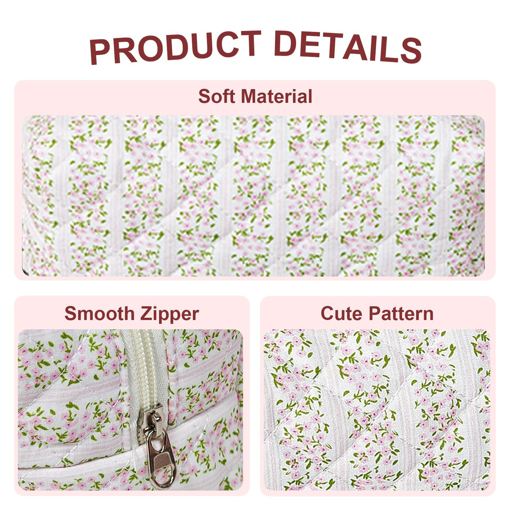 GISMTR Quilted Makeup Bag Floral Cotton Make up Bag Puffy Coquette Makeup pouch Aesthetic Cute Travel Toiletry Bag for Women Girls