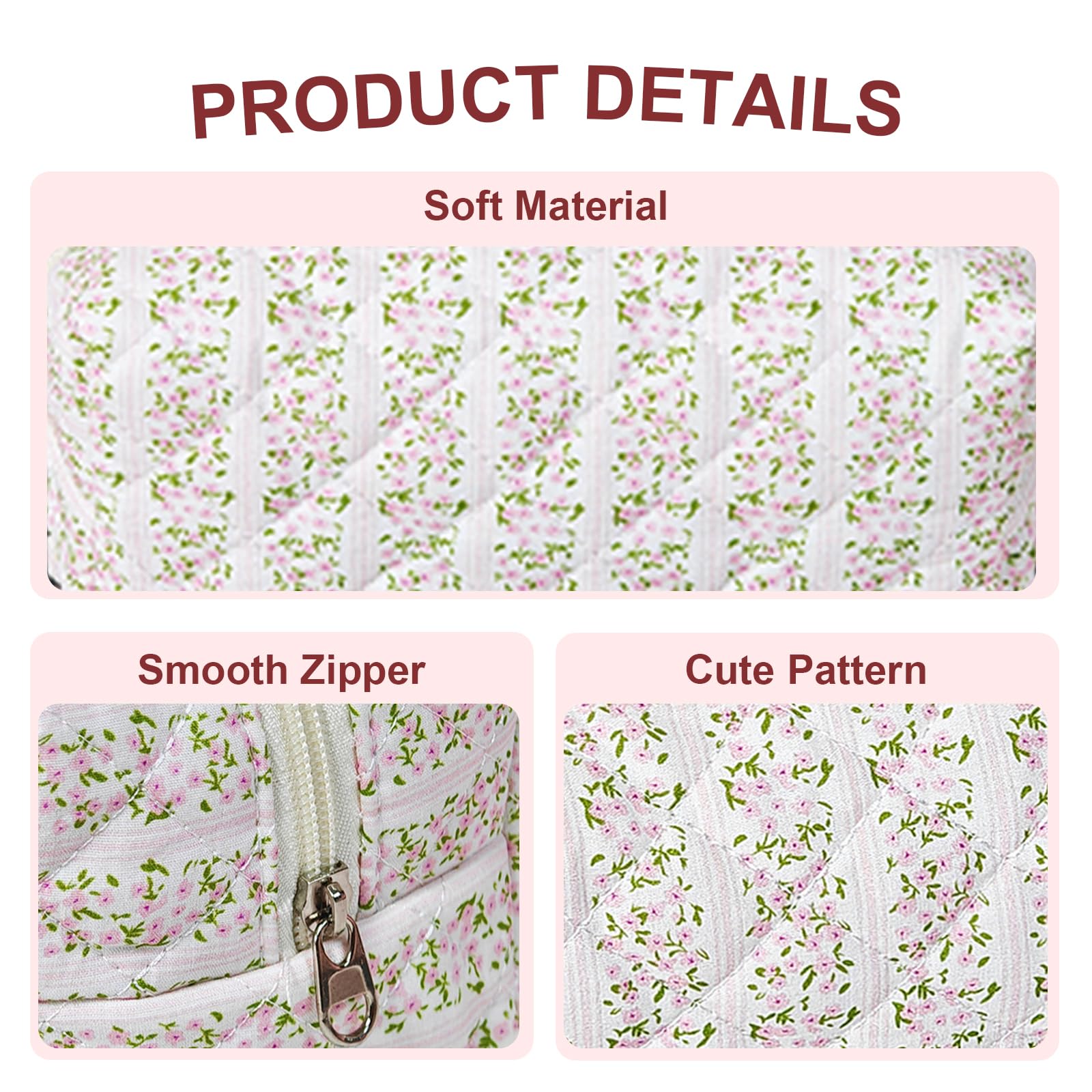 GISMTR Quilted Makeup Bag Floral Cotton Make up Bag Puffy Coquette Makeup pouch Aesthetic Cute Travel Toiletry Bag for Women Girls