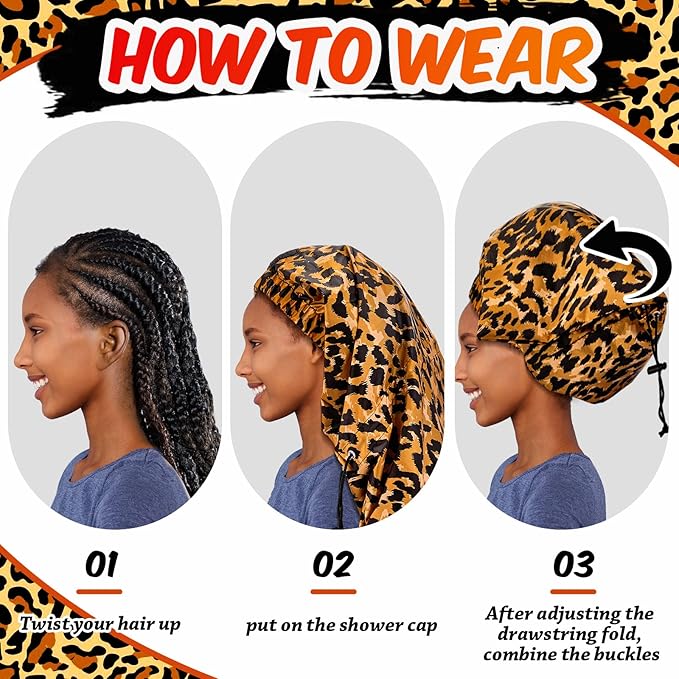 SATINIOR 2 Pcs Braid Shower Cap Jumbo Waterproof Shower Caps for Long Hair, Extra Large Adjustable Foldable Bath Caps with Drying Loop, Plastic Hair Bonnets for Women Men Dreadlocks(Leopard)