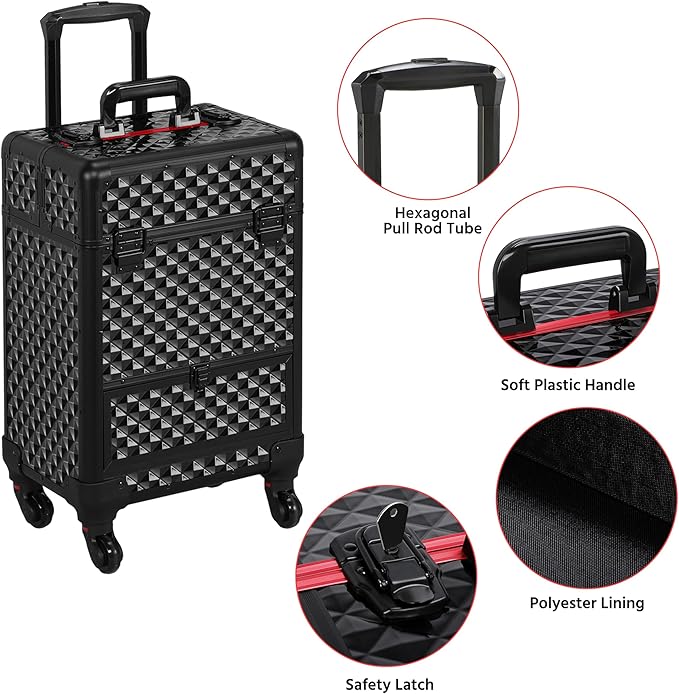 Yaheetech Rolling Makeup Train Case with a Drawer Nail Trolley Black/Red