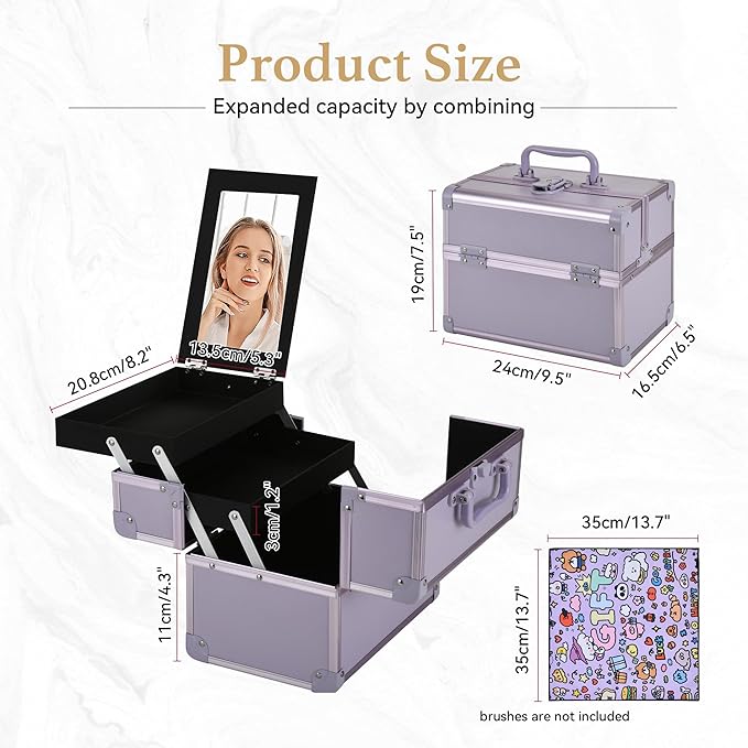 GALHUBIS Makeup Train Case, Portable Makeup Case with Mirror, 2-Trays Cosmetic Organizer Case,Nail Polish Organizer, Travel Makeup Box, Profesional for Salon Barber, Purple