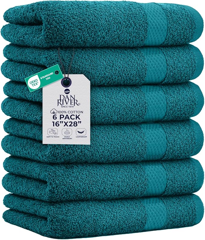 DAN RIVER 6-Pack Premium Hand Towels (16x28 Inches) - 100% Cotton, Ultra Soft, Lightweight, Highly Absorbent Towels for Bathroom, Spa, Gym, Salon, Hotel, and Travel - Teal