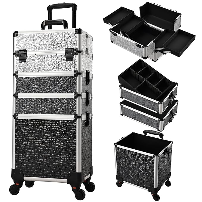 Stagiant Rolling Makeup Train Case Cosmetology Case on Wheels 4 in 1 Large Cosmetic Case with Wheels Makeup Travel Case with Keys Nail Kits Organizer Artist Salon Storage Traveling Cart Trunk Tricolor