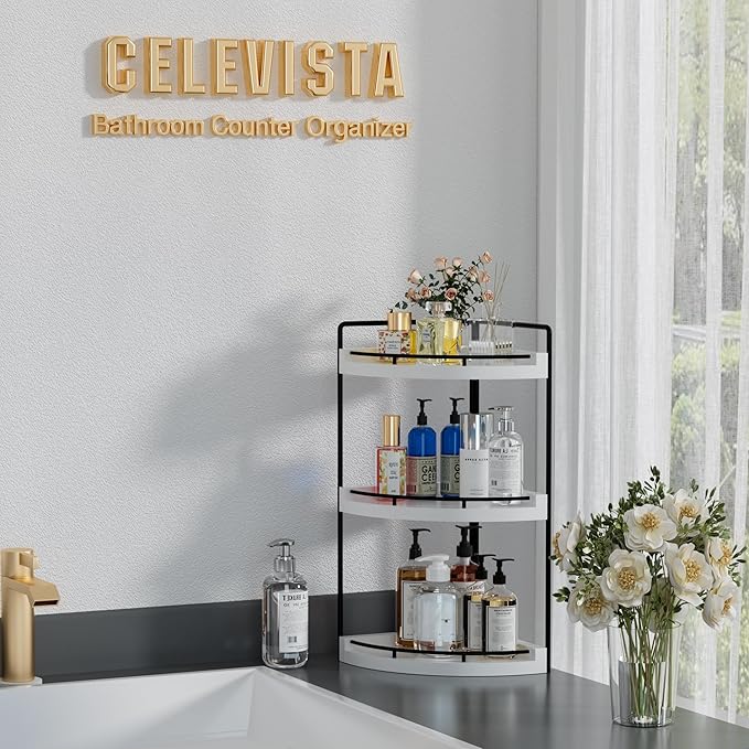 CeleVista Corner Bathroom Counter Organizer, 3 Tier Bathroom Sink Shelf Countertop, Wood Vanity Skincare Storage for Toiletries Decor, Makeup, Dresser (White)