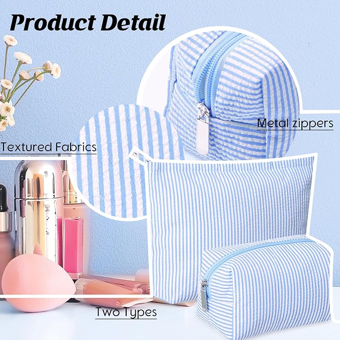 2 Pcs Makeup Bag Set Cute Cosmetic Pouch for Women Seersucker Travel Toiletry Bag Preppy Small Makeup Purse Pouch Aesthetic Skincare Brushes Storage Organizer for Valentine Women(Blue)