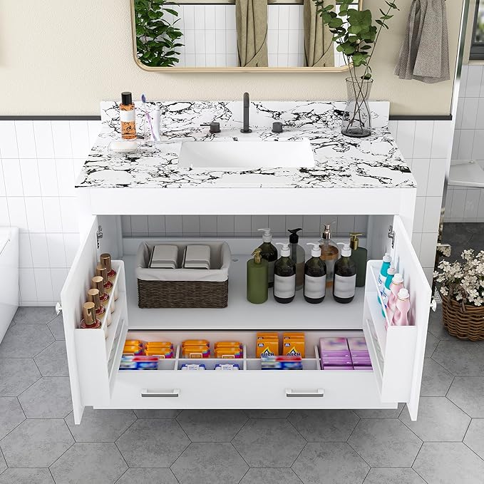 Montary 42" Bathroom Vanity with 43" Artificial Marble Black White Top, Modern Stylish MDF Bathroom Storage Cabinet, Vanity Set with 2 Doors and One Large Divided Drawer, White (Three Holes)