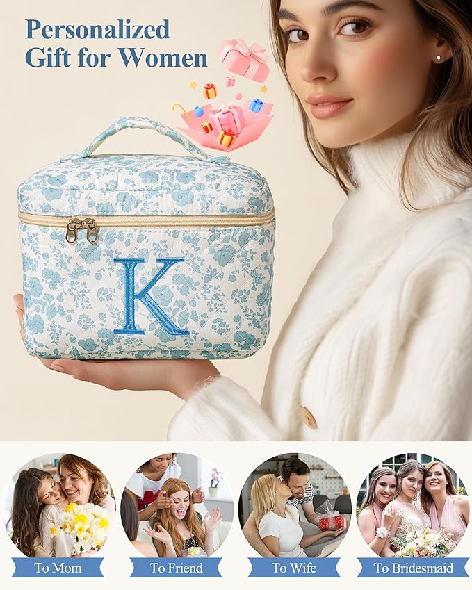 HBselect Initial Quilted Makeup Bag, Cotton Large Travel Make up Bag, Cute Floral Coquette Make up Bag Cosmetic Bag Toiletry Bag for Women Girls K