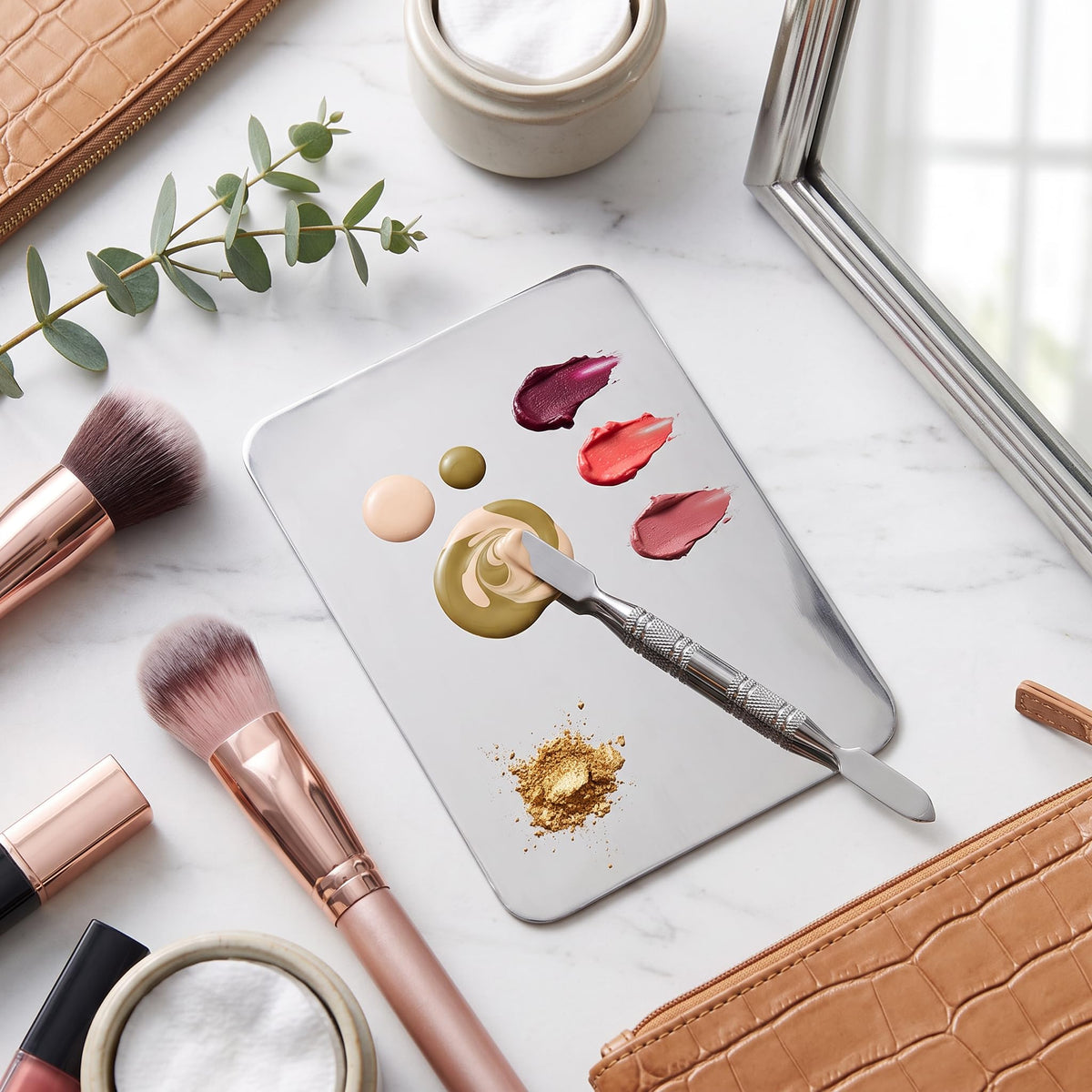Small Stainless Steel Makeup Palette Set – Includes Scraper, Modern Rectangular Design, Perfect for Lip Color & Pigment Mixing for Makeup Artists
