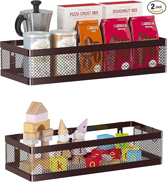 PUSDON Mesh Shower Caddy Wall Mount, Heavy Duty Adhesive Bathroom Shelf Organizer, Rustproof Floating Spice Rack for Kitchen Pantry, Holds 50 LBS, Multi-Purpose Storage Vintage Bronze -2 Packs Netting