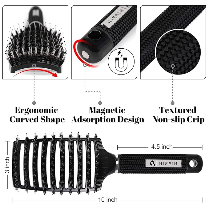 Boar Bristle Hair Brush Set of 2, HIPPIH Wet & Dry Hair Brushes Made by Fine Natural Boar Hair Can Adds Shine and Smoothing, Detangling Hairbrush for Women, Men & Kids' Long Curly Thick Hair