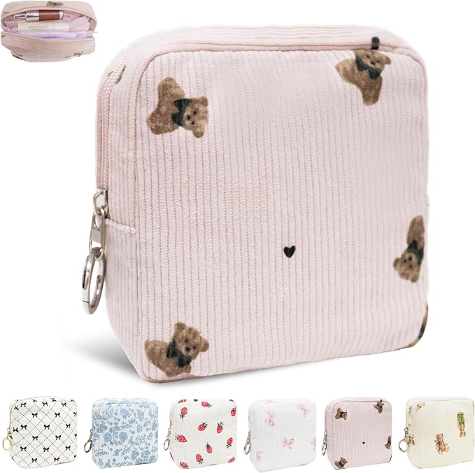 Period Bag for Girls, Corduroy Sanitary Napkin Storage Bag, Period Pouch & Tampon Holder, Feminine Care Organizer（Pink Bear）
